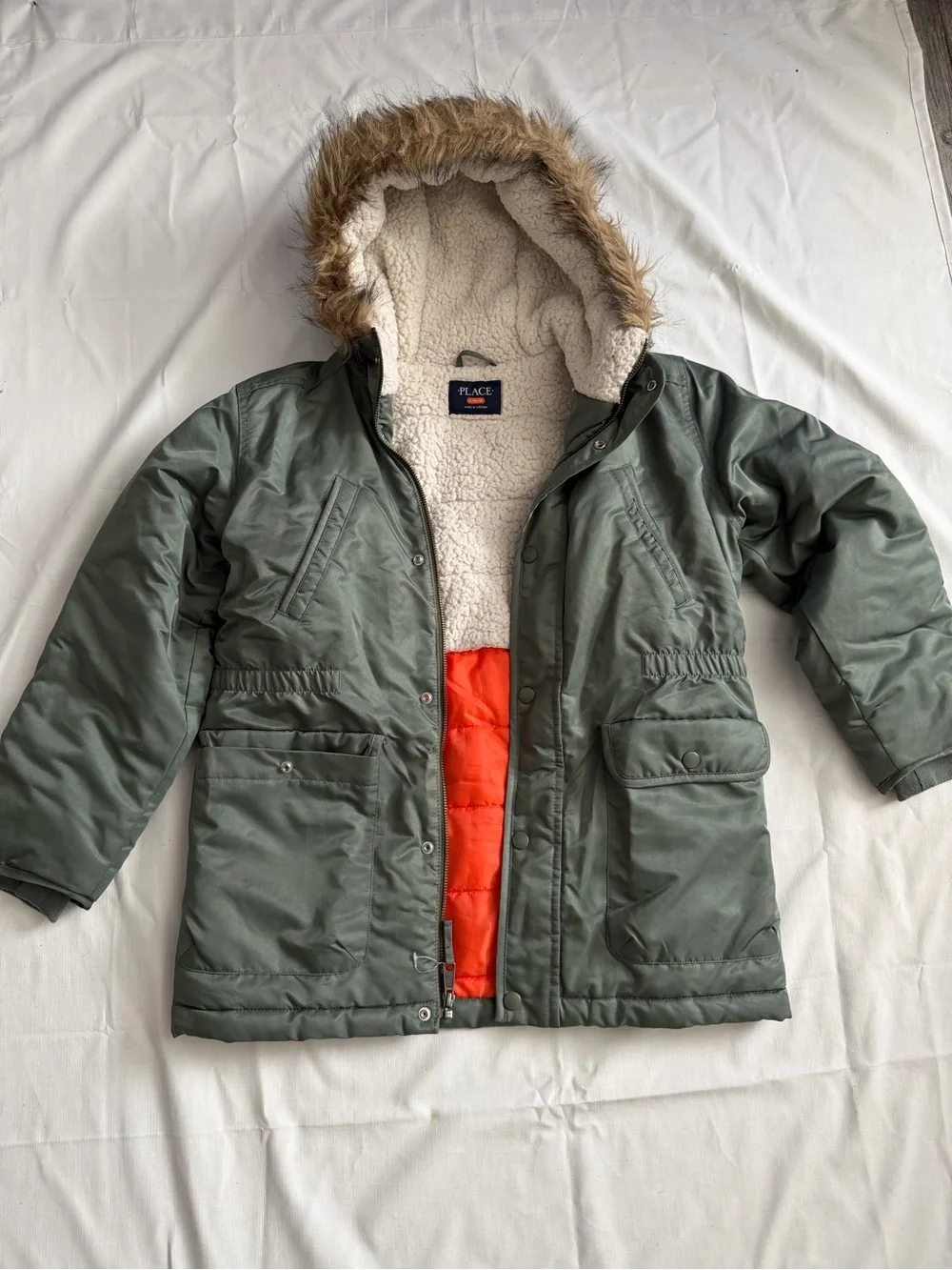 Olive Green Puffer Parka with Faux-Fur Hood and Orange Liner